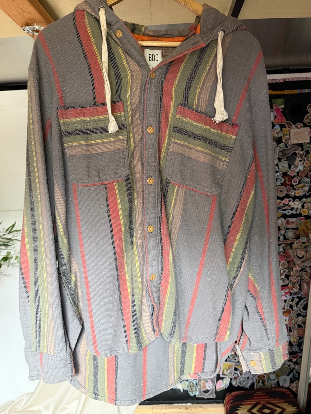 BDG Hooded Striped Button-Up Shirt in Gray with Red, Green and Tan Stripes